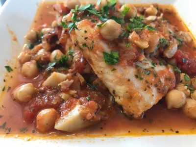 Tilapia and chickpeas in homemade tomato sauce